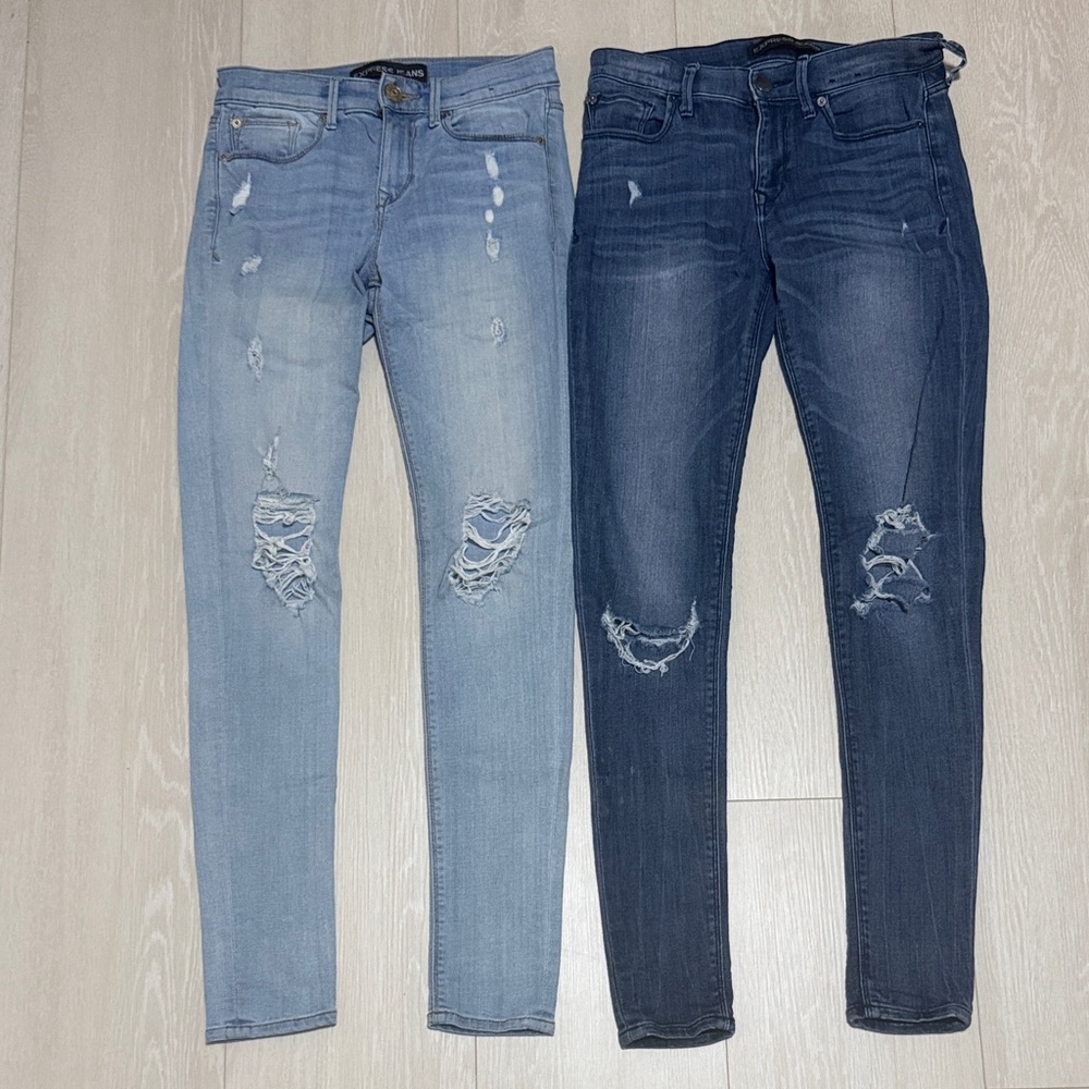 Express Distressed Skinny Jeans - Light Blue & Dark Blue